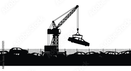 A striking black and white depiction of a construction crane lifting a vehicle over a junkyard emphasizing industrial strength and decay silhouette