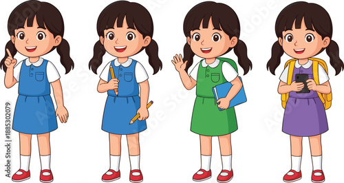 Cute schoolgirl character set with different poses, outfits and accessories for education and children vector illustrations