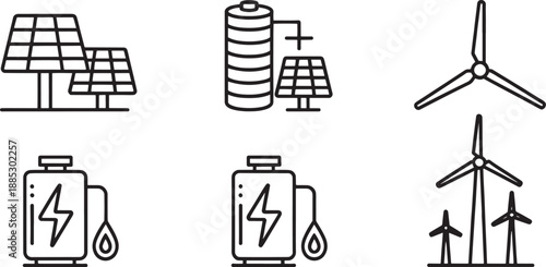 A set of outline icons illustrates renewable energy technologies featuring solar panels, a large battery storage system, and multiple wind turbines against a plain background.