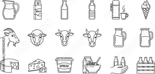 Dairy food and beverage icon set with milk, cheese, animals, bottles and farm products in clean outline vector style