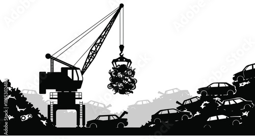An industrial scene depicts a large crane lifting a pile of crushed automobiles over a junkyard landscape a striking silhouette