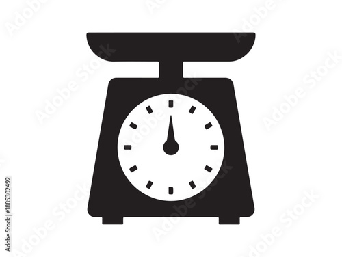 Simple vector graphic of a food scale for cooking, baking, and portion control. A minimalist black and white symbol of a weighing scale.