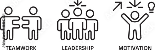 Stick figures illustrate key workplace concepts including mutual support, group direction, and personal achievement with upward trajectory.