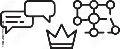 Abstract line icons represent communication, hierarchy, and network structure combined on a stark white background for conceptual design.