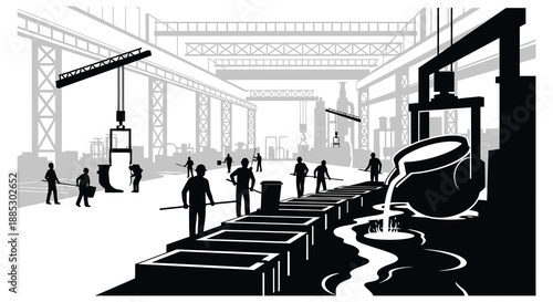 an industrial scene depicting a factory interior with workers metal pouring and machinery rendered in a stark black and white silhouette