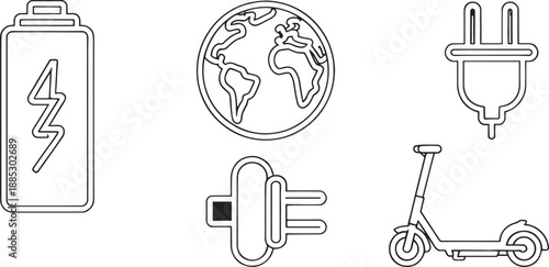 A collection of five electric vehicle and green energy icons features a battery charge symbol, planet Earth outline, charging plugs, and a kick scooter.