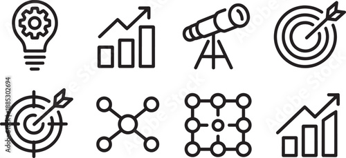 A set of eight essential business strategy icons including a lightbulb, bar chart growth, telescope, and target symbols represents planning and success.