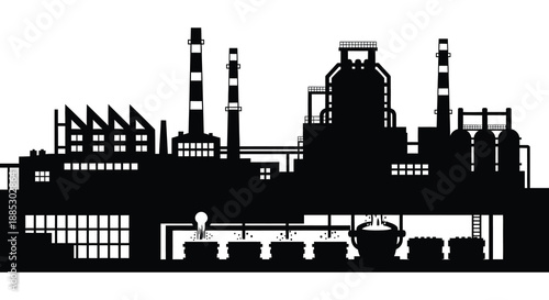 A striking black and white image depicts an industrial complex with numerous smokestacks and buildings in a dramatic silhouette high quality