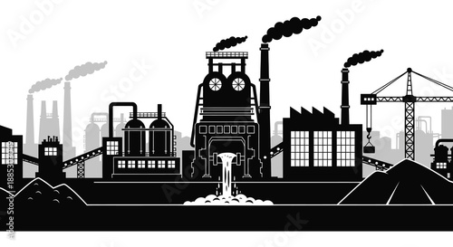 an industrial landscape depicting factory buildings smokestacks releasing pollution and a city skyline in a striking black silhouette high quality professional