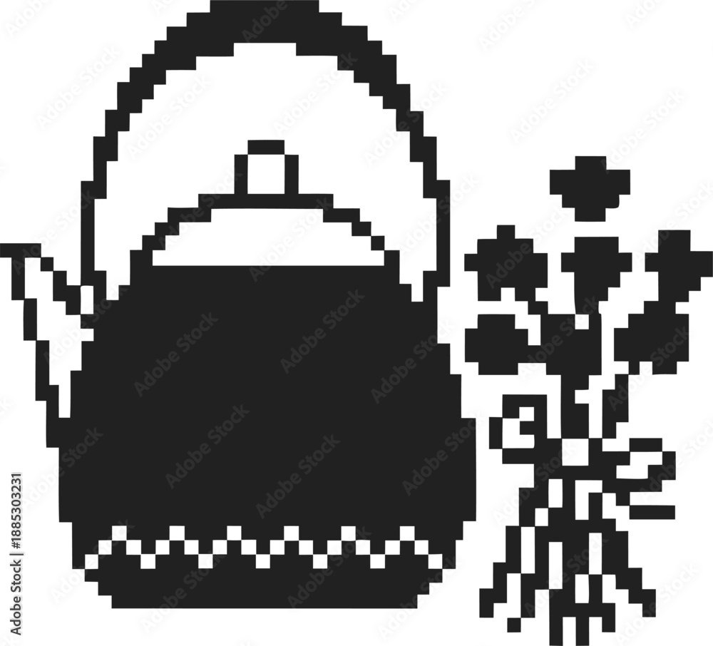Fototapeta premium pixel art black kettle with handle and spout beside bouquet of flowers tied with bow