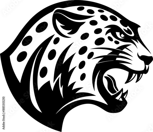 roaring jaguar head illustration with sharp teeth and detailed spots fierce wild cat design in black and white