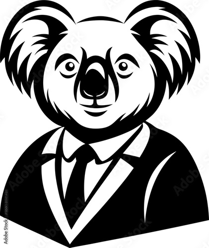 Koala wearing formal suit and tie, animal portrait in business attire, black and white illustration