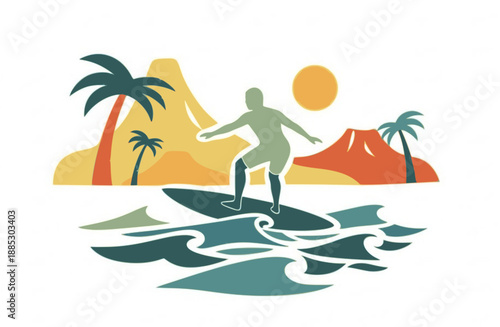 Surfer on wave at sunset with distant volcano