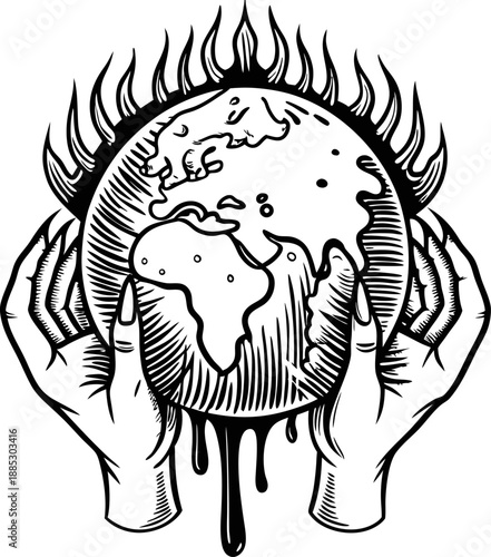 hands holding melting earth with flames rising, global warming and environmental crisis symbol, climate change awareness