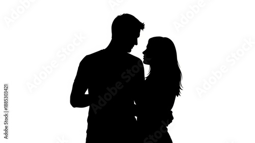 Silhouette Couple Looking At Each Other White Background.