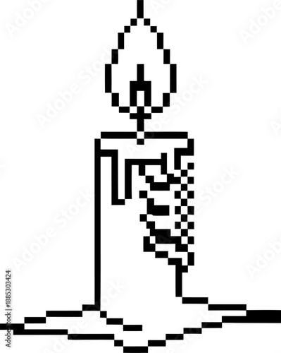 Pixel art illustration of a burning candle with melting wax dripping down the sides and a bright flame