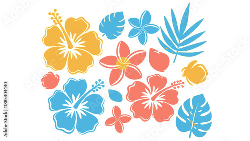 Cluster of vibrant tropical flowers and green leaves