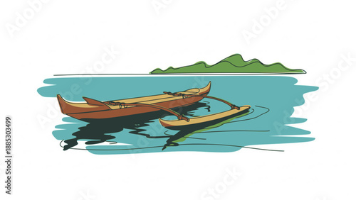 Small outrigger canoe on turquoise water horizon