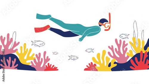Snorkeler swimming in detailed coral fish habitat