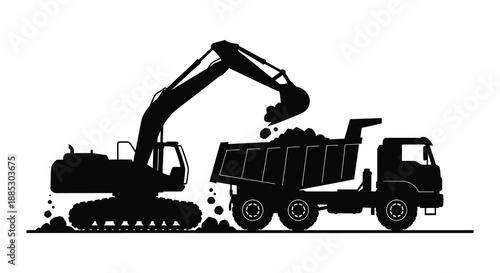 A striking black and white depiction showcases a heavy duty excavator loading material into a large dump truck presented as a silhouette