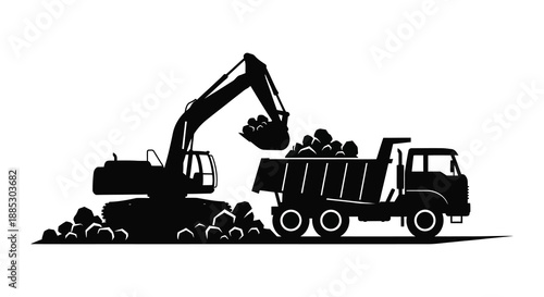 a striking depiction of a heavy excavator unloading materials into a large dump truck presented in a dark silhouette high quality