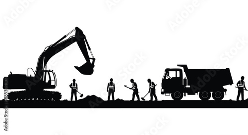 Construction scene depicting heavy machinery and workers in a stark dramatic fashion effectively illustrating a busy work site silhouette high quality