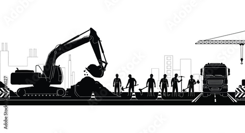 A striking depiction of construction machinery and workers collaborating on a building site all rendered as a bold silhouette high quality