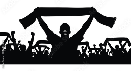 a cheering crowd with a raised scarf and arms in the air creates a dynamic and energetic scene a striking silhouette
