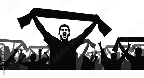 a jubilant fan with arms raised in celebration amidst a crowd a striking black and white image silhouette high quality professional