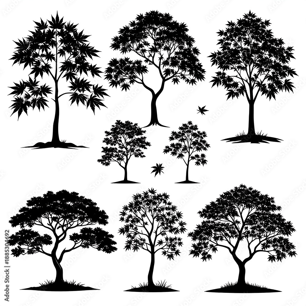Fototapeta premium Silhouette collection of various leaf-covered tree designs, monochrome