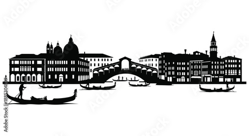 A striking black and white cityscape of venice italy showcasing iconic landmarks and gondolas in a dramatic silhouette high quality professional