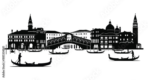 a striking black and white venetian cityscape featuring iconic bridges gondolas and detailed architecture presented as a dramatic silhouette high quality
