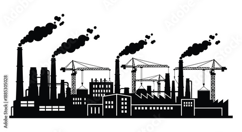 Industrial landscape depicting factory chimneys emitting smoke alongside construction cranes representing development and potential environmental impact silhouette high quality professional detailed