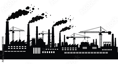Industrial landscape with factory smokestacks emitting dark plumes of pollution against a white backdrop a striking silhouette high quality professional detailed