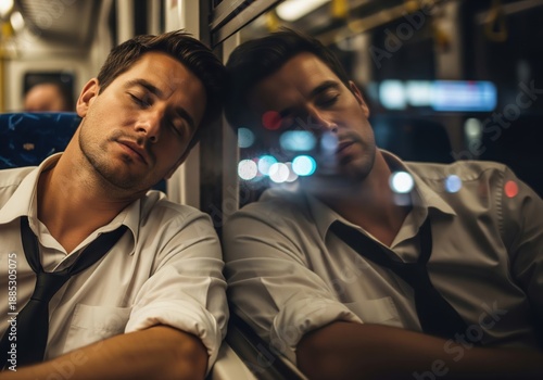 Man sleeping on train reflected in window during night commute