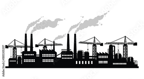 Industrial landscape depicting factory buildings cranes and smoke stacks a visual representation of manufacturing processes in a striking silhouette high quality