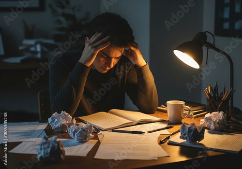 Wallpaper Mural Stressed young person struggling with overwhelming work late at night Torontodigital.ca