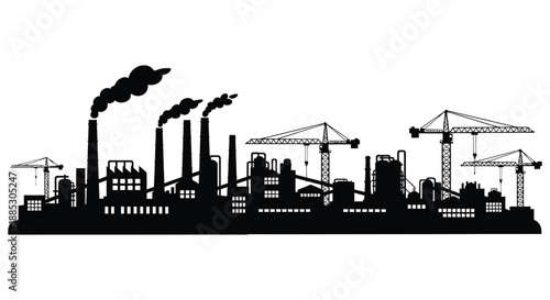A striking black and white industrial landscape showcases factory buildings towering cranes and emitting smokestacks presented as a bold silhouette