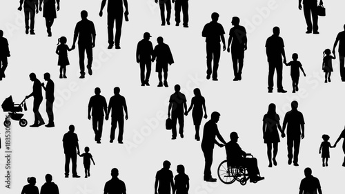 Seamless Pattern of Diverse People Silhouettes Walking and Interacting.