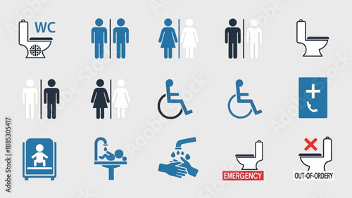 Collection of restroom and toilet signs and symbols.