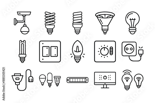 Electric Lighting and Smart Home Solution Icon Set - LED Bulbs, Power Switches, Energy Saving Lamps, and Wireless Control Symbols