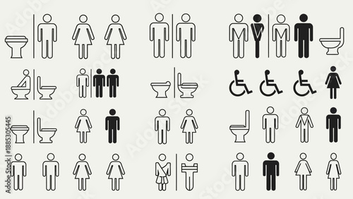Collection of restroom and toilet signs for men women and disabled people.