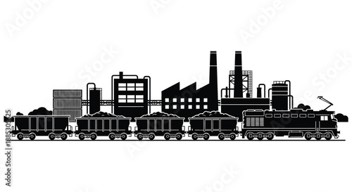an industrial cityscape featuring a train and factory buildings depicted in a striking black and white contrast silhouette high quality professional