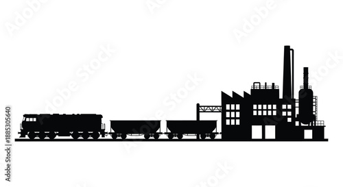a striking black and white depiction of an industrial landscape featuring a train and factory complex rendered as a silhouette