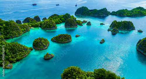 Aerial view of landscape scene with Raja Ampat Islands, Indonesian archipelago, West Papua, Indonesia