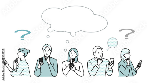 男女ー複数ー疑問ー上半身ー困ったアイコンーiPhoneを持つ男女シンプルベクターイラスト素材