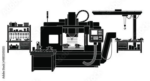 Detailed illustration of a complex industrial machinery setup within a factory environment presented as a striking black silhouette high quality professional