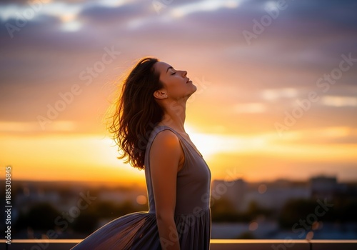 Wallpaper Mural Joyful woman feeling the breeze, bathed in the warm glow of a beautiful urban sunset Torontodigital.ca