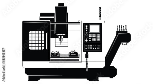 A detailed illustration showcases a modern computer numerical control milling machine in a striking black and white silhouette high quality professional