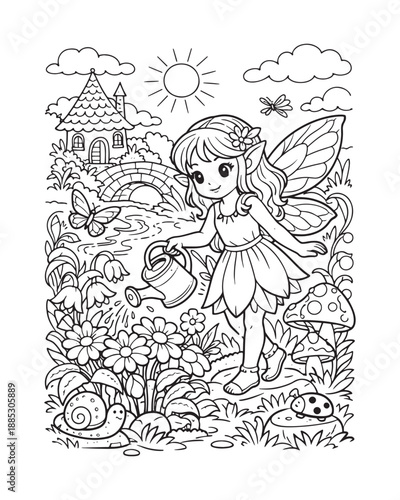 Fairy Watering Flowers Coloring Page, Garden Fantasy Line Drawing